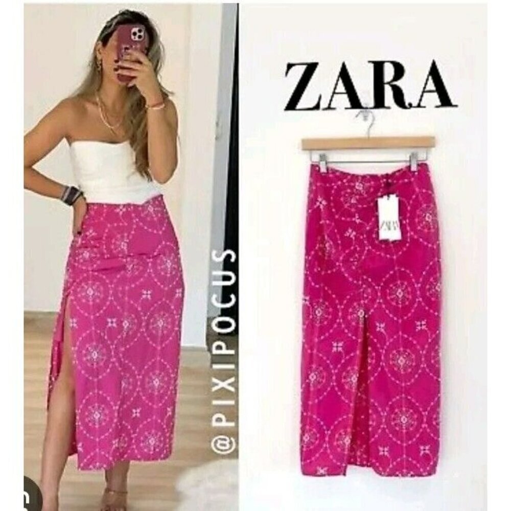 ZARA NEW EMBROIDERED EYELET COTTON SKIRT HIGH WIAST FUCHSIA PINK XS,  0881/012